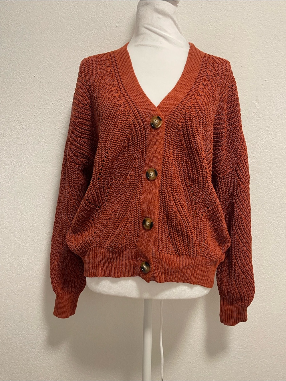 Time and Tru Burnt Orange Textured Button-Up V-Neck Cardigan